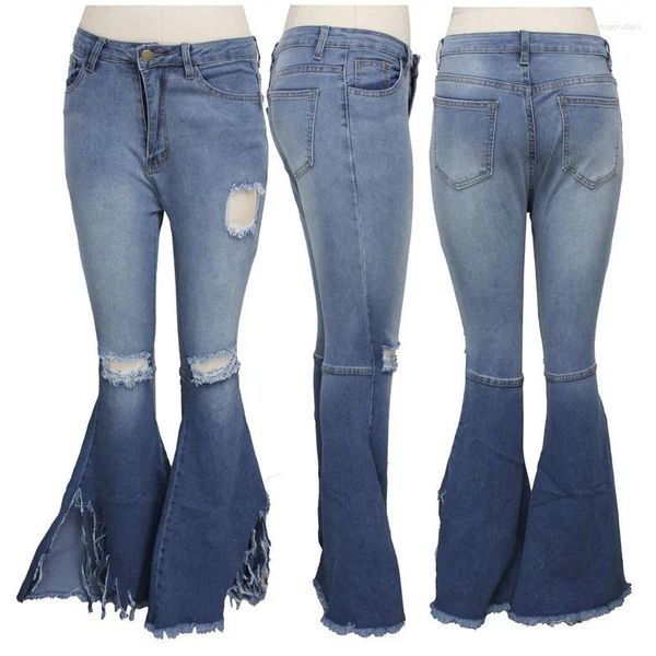 Женские джинсы, весна 2023, узкие расклешенные джинсовые брюки, женская уличная одежда, однотонные с вырезами, рваные, с высокой талией и кисточками, большие размеры S-XXXL
