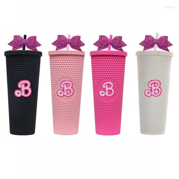 Su Şişeleri Pembe Barb Rhinestone Tumbler Saman Glitter Yay ile Tumbler Ispined Tudvinged 710ml BPA Ücretsiz Şişe Yeniden Kullanılabilir Plastik Bardak