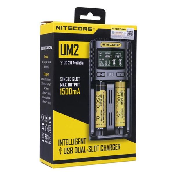 NITECORE UM2 Carregador Inteligente Para 18650 16340 21700 20700 22650 26500 18350 Carregadores de Bateria AA AAA 2 Slot 2A 18Wa48251f8024973