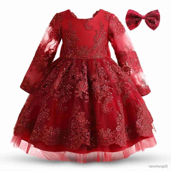 Mädchenkleider Rotes Partykleid für Kleinkind Mädchen Kind Baby Weihnachten Stickerei Blumen Prom Kostüm Kleinkind Ein Jahr Geburtstag Tuch R231031