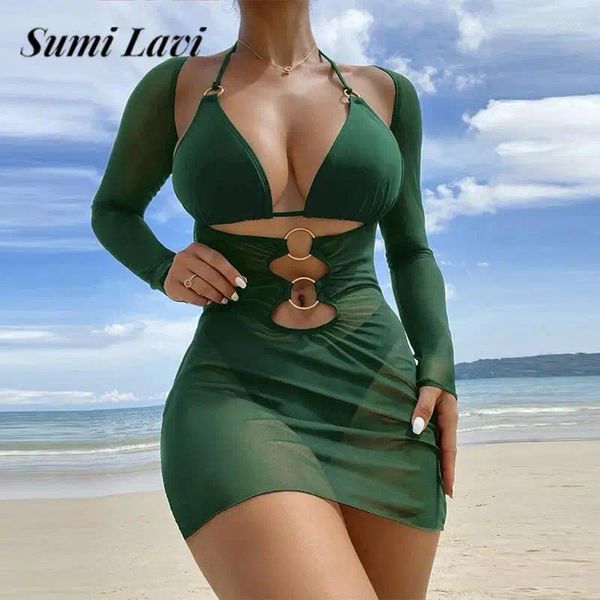 Mulheres Swimwear 2023 Cor Sólida Bikini Set e Manga Longa Cover-up Vestido Sexy Maiô Três Peças Moda Malha Lace-up Beach Swim