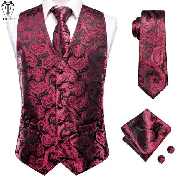 Coletes masculinos Hi-Tie Vermelho Borgonha Roxo Rosa Jacquard Seda Mens Colete Gravata Hankerchief Abotoaduras Conjunto Colete Jaqueta Gravata Negócios Casamento YQ231031