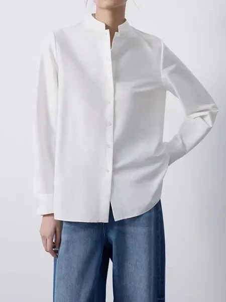 Blusas femininas moda feminina algodão de seda branco manga longa blusa fina elegante senhora todos os jogos gola única bestado tops camisas