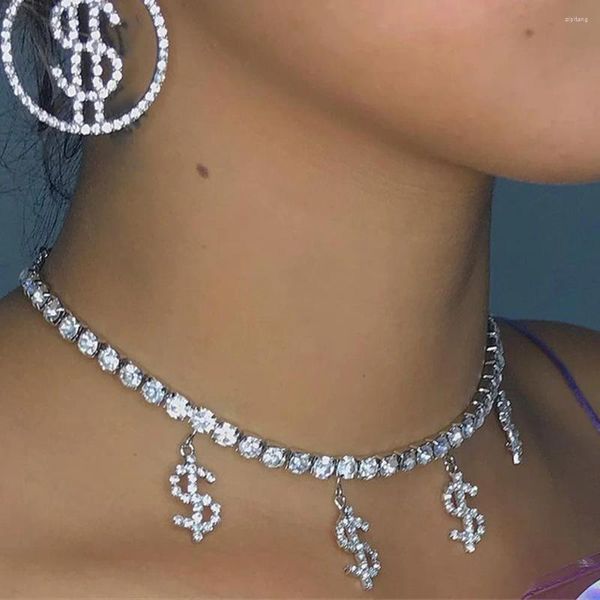 Anhänger Halsketten Hip Hop Iced Out Kristall Dollarzeichen Halskette Für Frauen Bling Strass Tennis Kette Choker Modeschmuck