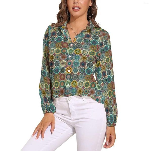 Blusas femininas vintage estampa floral blusa de manga comprida azulejo abstrato elegante moda de rua camisas de grandes dimensões roupas personalizadas presente