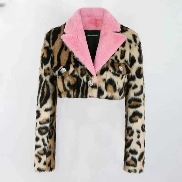Women's Fur Faux Fur Autumn Winter New Women Faux Mink Fur Jacket Leopard Print Thicken Warm Casual Short Outwear Fashion Pink Collar Long SleeveL20309023