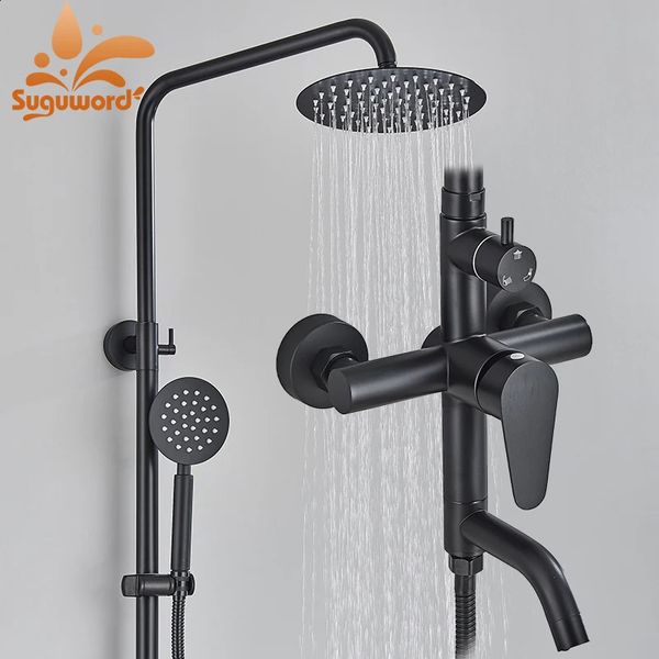 Soffioni doccia per bagno Set rubinetto rotondo nero opaco Pioggia 3 funzioni Miscelatore acqua fredda per montaggio a parete in ottone Gru da bagno 231030