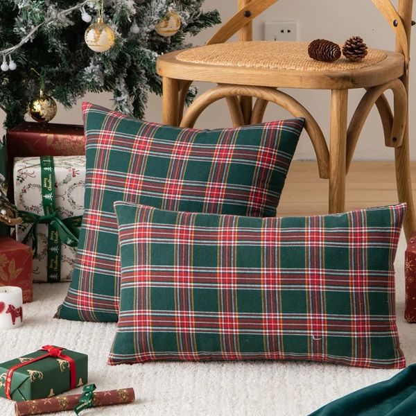 Almofada Decorativa Travesseiro Inyahome Natal Xadrez Decorativa Capas Escocesas Tartan Capa de Almofada para Fazenda Casa Decoração de Férias Vermelho Verde 231031
