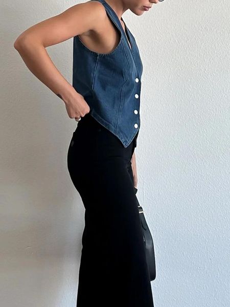 Coletes femininas Kimydreama Mulheres Denim Gilets Sem Mangas V-Pescoço Tanque Colete Tops Único Breasted Jean Vintage Slim Colete Jaquetas