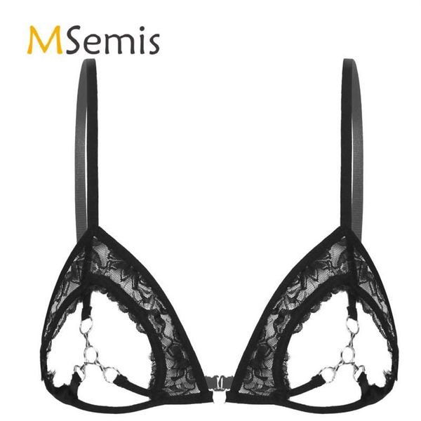 Erotische Dessous-Kostüm für sexy Damen, durchsichtiges, transparentes Spitzen-BH-Oberteil mit offenen Körbchen und Metallringen, verbunden mit Bust Sexy Nightwear250V