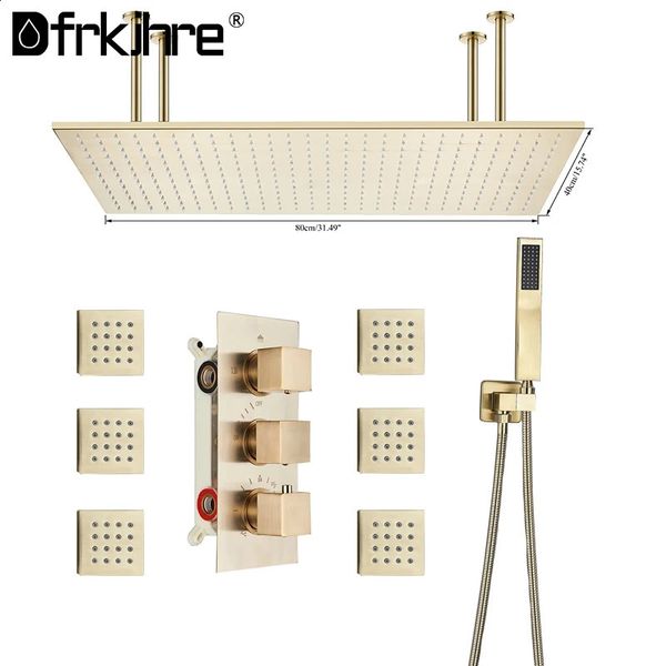 Badezimmer-Duschköpfe, gebürstetes Gold, Thermostat-Set, Regen-Wasserfall-Wasserhahn, verdecktes System, Messing, großer LED-Kopf 231030