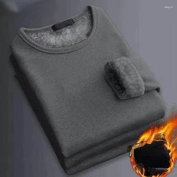 T-shirts masculinas roupa interior inverno de mangas compridas térmica mais veludo acolchoado camiseta o-pescoço cor sólida magro camisa de fundo