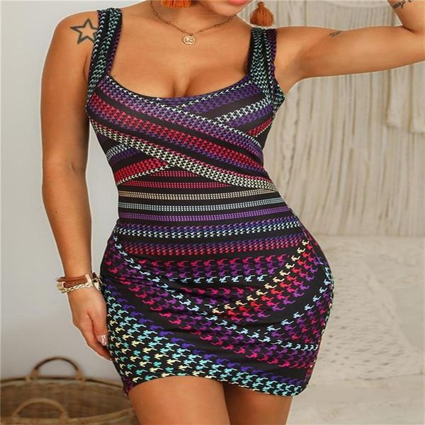 Feminino fino ajuste cocktail multicolorido listrado impressão bodycon vestido feminino elegante verão plus size sexy party241u