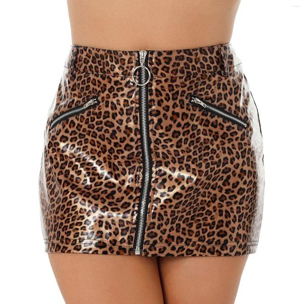 Röcke Sexy Leopardenmuster Faux Latex Minirock Frauen Hohe Taille Glänzendes Lackleder Reißverschluss Damen Wet Look Clubwear Custom