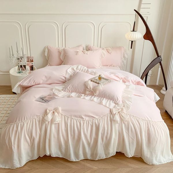 Yatak takımları pembe romantik fransız prenses düğün dantel fırfırlar yay seti yumuşak rahat tek kraliçe krallık kapak yatak sayfası yastık 231030