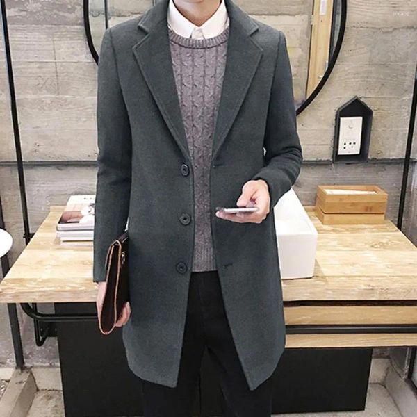 Casacos de trincheira masculinos casaco de lã negócios elegante lapela comprimento médio cardigan formal para outono/inverno anti-rugas