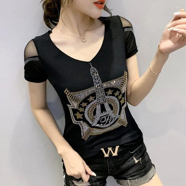 Mulheres Camisetas de Alta Qualidade Verão Menina T-shirt Roupas Moda Brilhante Diamantes Torre Eiffel Mulheres Tops Sexy Back Malha Camisa Tees 2023