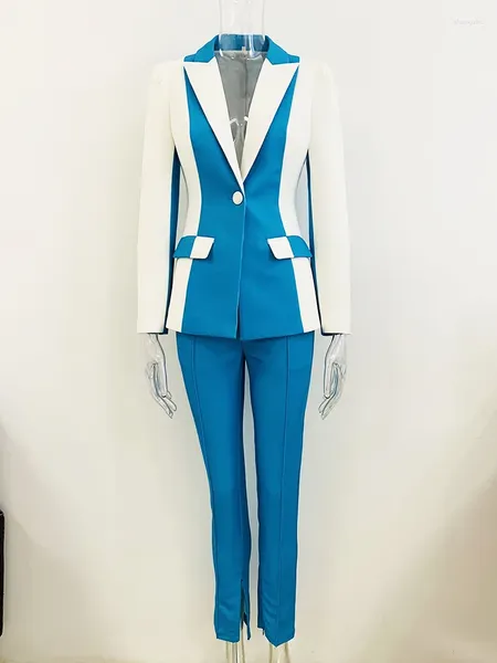 Zweiteiliger Hosen-Bleistiftanzug für Damen, blaue weiße Nähte, schmal geschnittener Blazer für Damen, Outfits, formelle Business-Kleidung, klassische Jacken-Sets