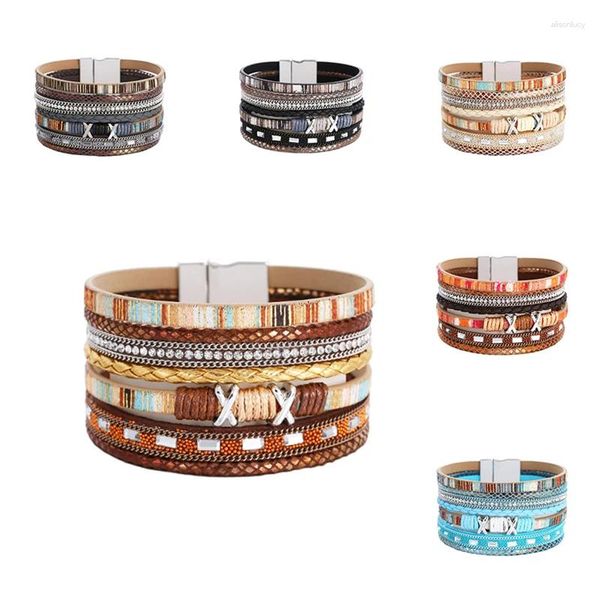 Braccialetti con ciondoli WYBU Bracciale con bordo largo intrecciato in pelle PU multistrato stile Boho per gioielli da donna con fibbia magnetica all'ingrosso