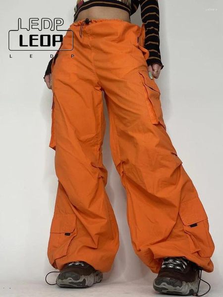 Damenhose LEDP Orange Loose Streetwear Harajuku Wide Leg Cargo Y2K Oversized Low Waist Pocket Hippie Jogger