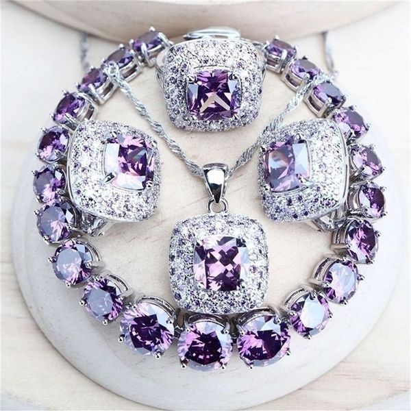 Roxo zircônia feminino conjuntos de jóias de noiva prata 925 jóias finas traje brincos de casamento anéis pulseiras pingente colar 2208232v