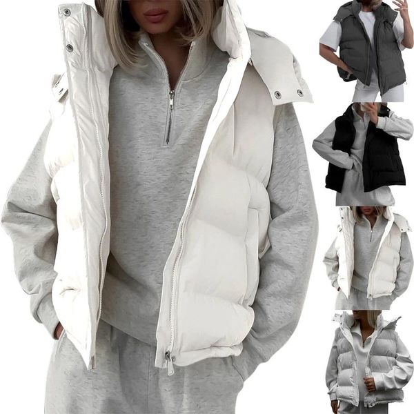 Coletes femininas puffer colete mulheres oversized zip up jaquetas gola longa casaco de lã manga botão camisa roupas de neve