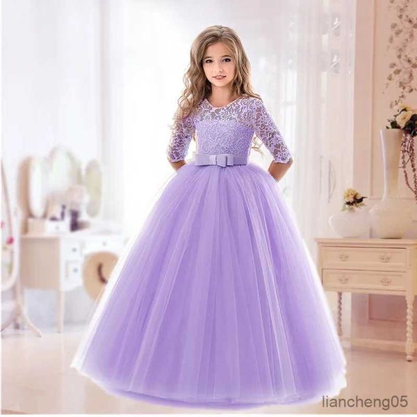 Vestidos da menina elegante menina roxo vestido flor vestido de dama de honra para casamento jovens crianças festa de noite longo robe 6-14t crianças roupas de ano novo