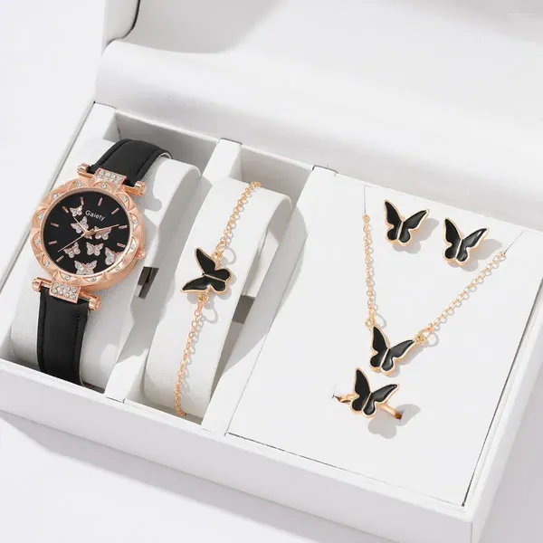 Armbanduhren 6/1 Stück Set Damenuhr Ring Halskette Ohrringe Armband Uhren Schmetterling Lederarmband Damen Quarz-Armbanduhr (keine Box)