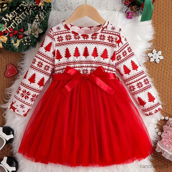 Mädchenkleider 4-7 Jahre Kinder Weihnachtskleider für Mädchen Weihnachtsbaum Druck Schleife Mesh Partykleid Neujahr Kinderkostüm