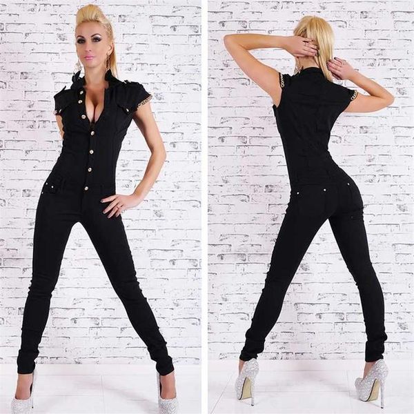 Bigsweety Denim Lange Overall Frauen Sexy Tiefem V-ausschnitt Jean Overalls Tasten Kette Schwarz Overalls Für Frauen Rompers272R