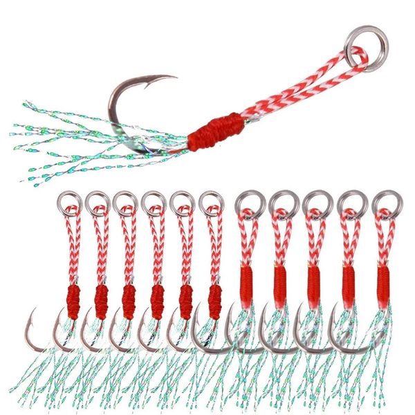 Angelhaken 10pcsLot Lure Slow Jigging Cast Jigs Assist Hook Barbed Single Jig Thread Feather Pesca High Carbon Steel 231031