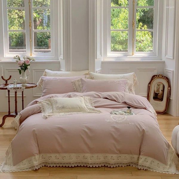 Conjuntos de cama francês longo-grampo algodão cetim 4 pcs conjunto puro bordado oco laço princesa estilo meninas atacado