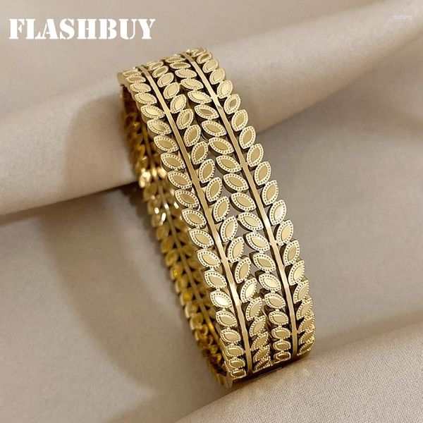 Браслет FLASHBUY, нержавеющая сталь, золотой цвет, массивный лист, широкий браслет для женщин, высокое качество, ювелирные изделия из 18-каратной пластины, Pulsera