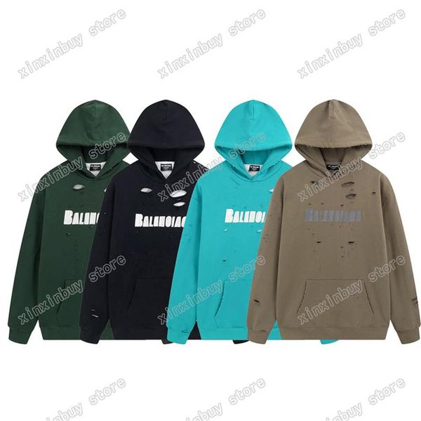 Xinxinbuy Homens Designer Hoodie destruído Carta Imprimir Paris Buraco Algodão Pulôver Mulheres Amarelo Verde Preto Roxo XS-2XL251e