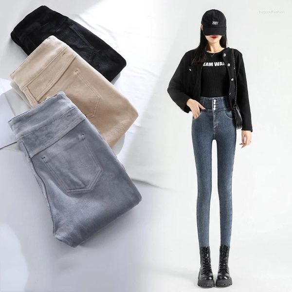 Calças de brim femininas 2023 inverno mulheres quentes lã cintura alta skinny plush calças casuais senhora grosso veludo fino ajuste estiramento denim lápis calças