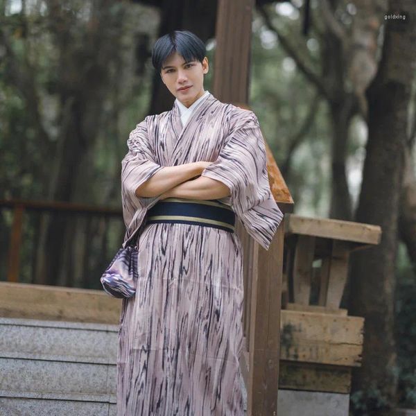 Ethnische Kleidung Herren-Kimono im japanischen Stil, traditioneller Samurai-Gentleman, formell, nicht leicht zu knittern, Material, vier Jahreszeiten, Holzstruktur