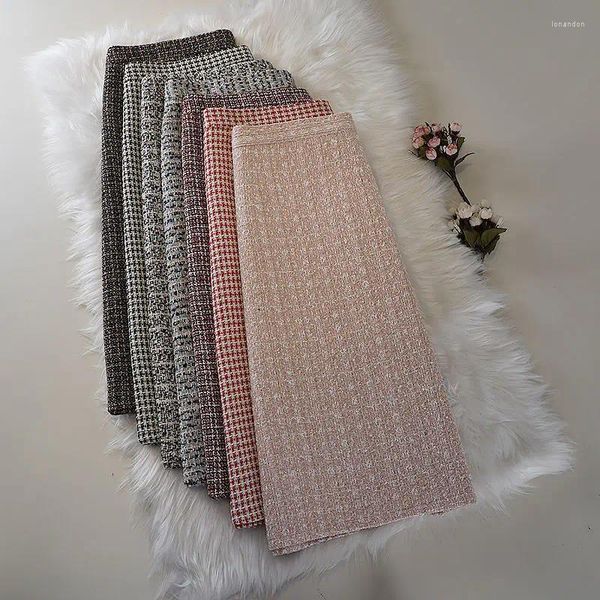 Röcke 2023 Frauen Herbst Winter Mode Hohe Taille Plaid Weibliche Split A-line Damen Lange Dünne Woolen U449