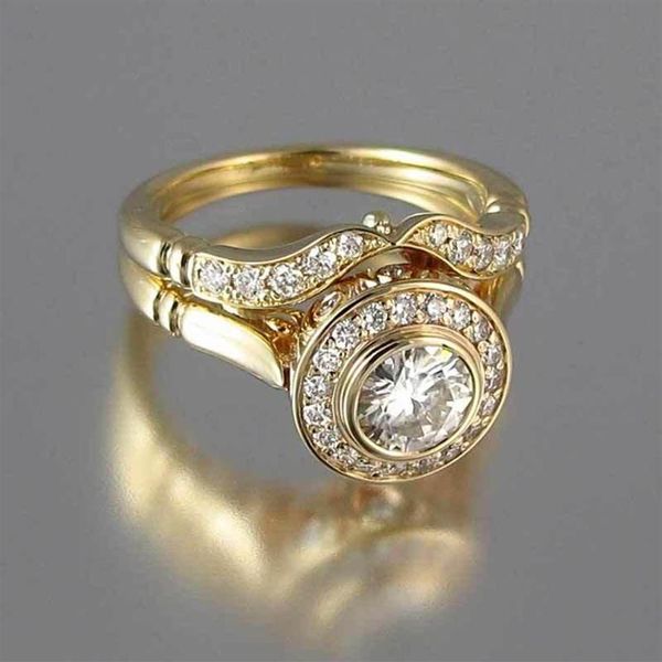 Luxus Weibliche Ehering Set Vintage Kristall 18KT Gelbgold Farbe Stapelbarer Ring Versprechen Verlobungsringe Für Women224q