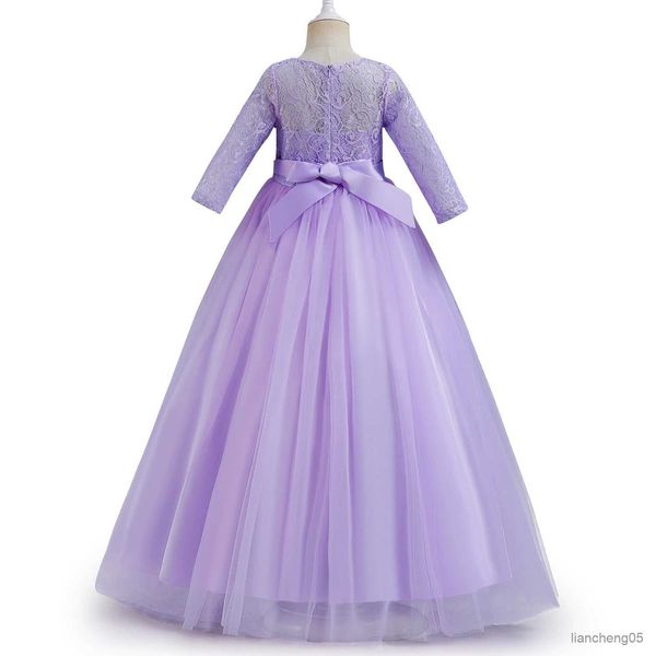 Abiti da ragazza Ragazza elegante Abito viola Abito da damigella d'onore a fiori per matrimonio Festa serale per bambini Abito lungo 6-14T Abiti per capodanno per bambini R231031