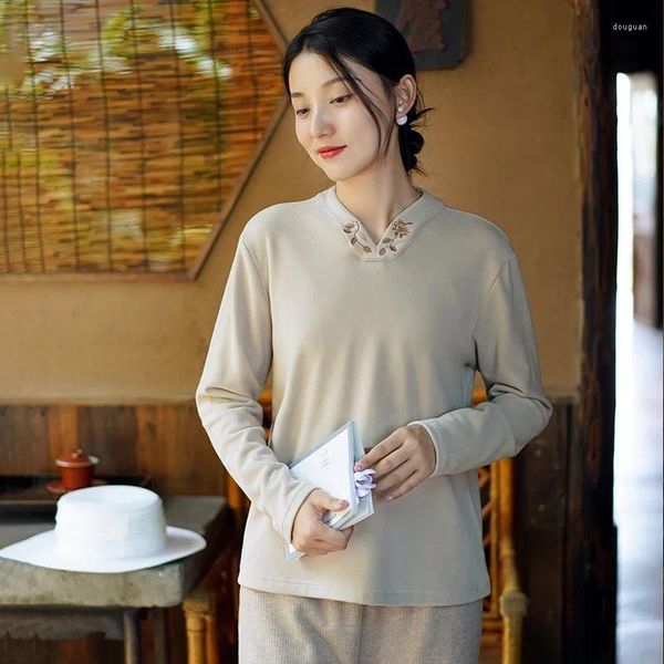 Damen T-Shirts Johnature Chinesischer Stil Unterhemd T-Shirt 2023 Herbst und Winter Frau Einfarbig Vintage V-Ausschnitt Lässig