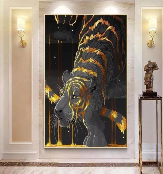 Abstrakter schwarzer Löwe-Tiger mit goldenen gestreiften Haaren, Poster und Drucke, Leinwandgemälde, Wandkunst, Bilder für Wohnzimmer, Zuhause, Dezember 3422120