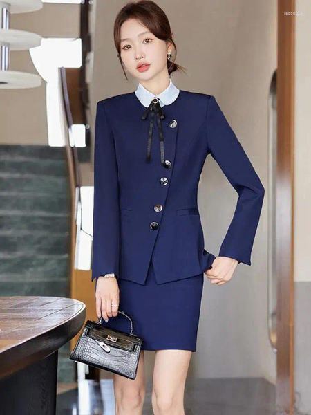 Zweiteiliges Kleid Herbst Blau Pendeln 2 Stück Damen Schwarz V-Ausschnitt Büro Arbeitskleidung Einreiher Blazer Sexy Miniröcke Anzug Outfits