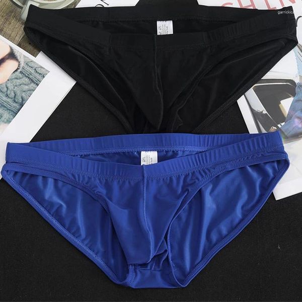 Underpants 2 pcs homens seda gelo sem costura sexy briefs sólido u convexo bolsa calcinha baixa cintura transparente gay bikini plus size hombre roupa interior