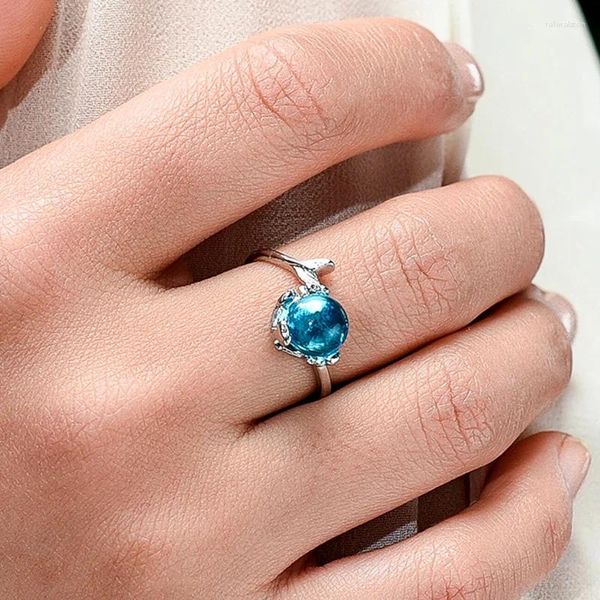 Anelli a grappolo Sirena regolabile Anello in pietra blu per le donne Fidanzamento di nozze Gioielli per feste con dita placcati in argento Personalità elegante