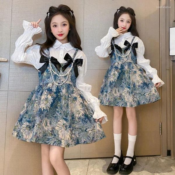 Set di abbigliamento Set primavera e autunno da ragazza Camicia bianca a maniche lunghe Abito sottoveste Stile coreano 4-16 anni Per bambini