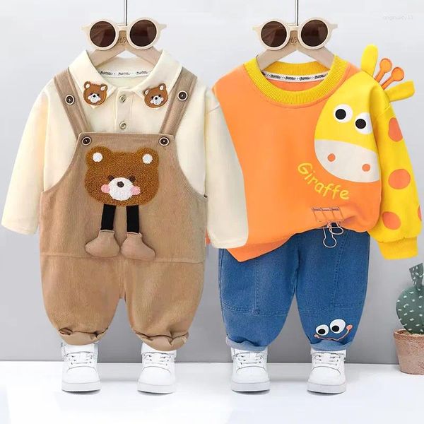 Комплекты одежды, осенне-зимний комплект пуловера с капюшоном и длинными рукавами для мальчиков, джинсы с животным принтом для девочек, джинсы из двух предметов для малышей