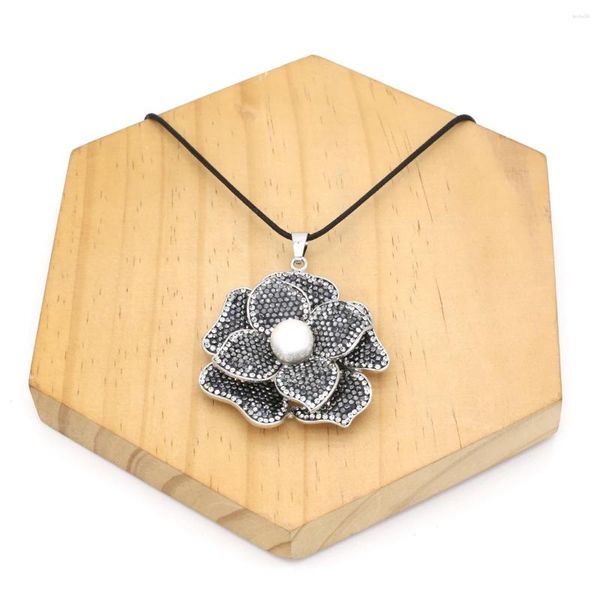 Colares de pingente de pedra natural em forma de lótus pegajoso preto strass colar amuleto neckalce para mulheres jóias 45 cm cabo de couro