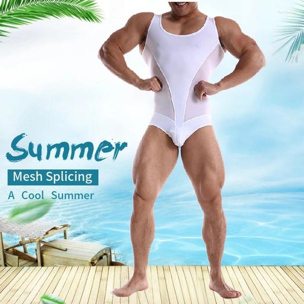 Herren-Bademode, Sommer-Männer, einteiliger BOYTHOR-Badeanzug, ärmellos, Netz-Spleißen, Badeshorts, Neoprenanzug, Badeanzug, Strandkleidung