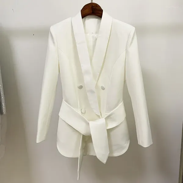 Ternos femininos botão de pano branco feminino blazer outono duplo breasted escritório trabalho moda cetim xale colarinho cinto blazers jaquetas 2023