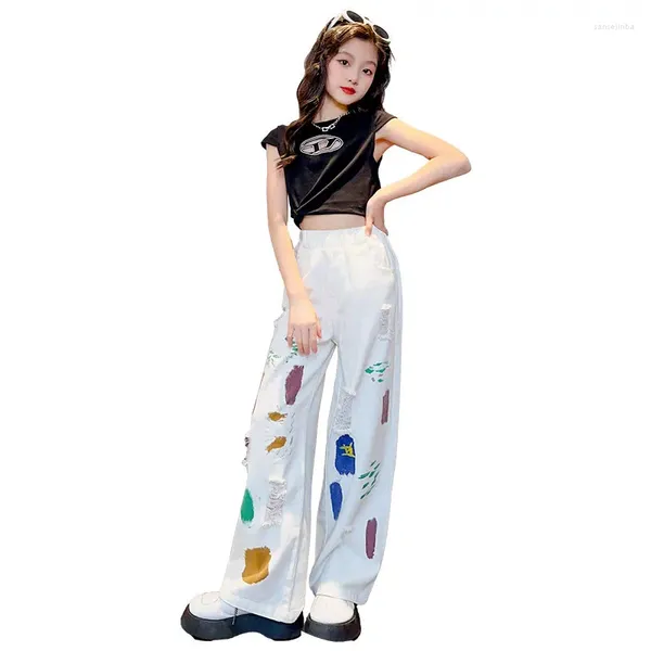 Kleidung Sets Mode Teen Mädchen Sommer Kurzarm Top Graffiti Weiße Jeans 2 stücke Kinder Anzüge Casual Outfits 4-14 jahre alt